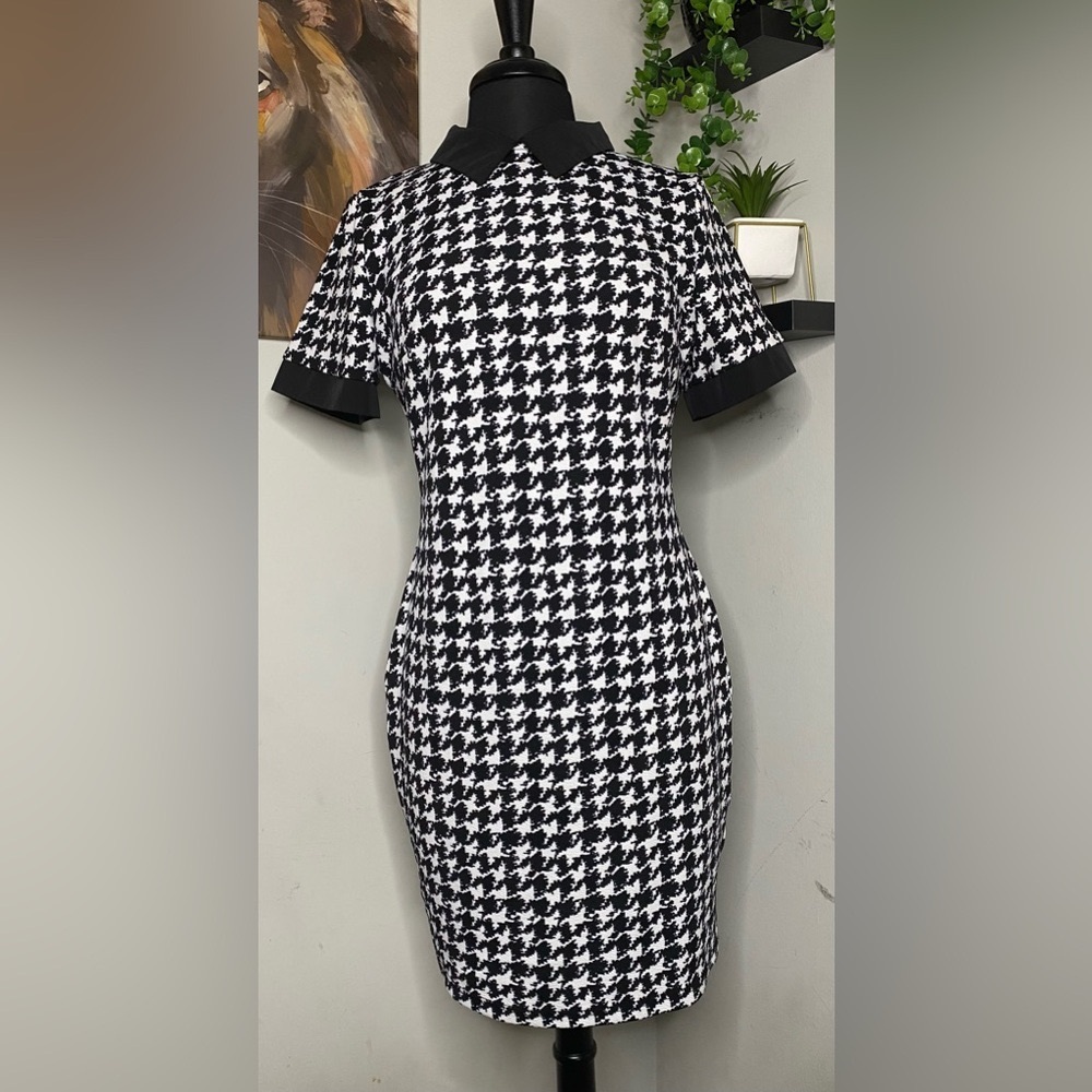 Stylish Houndstooth Print Contrast Collar Bodycon Dress